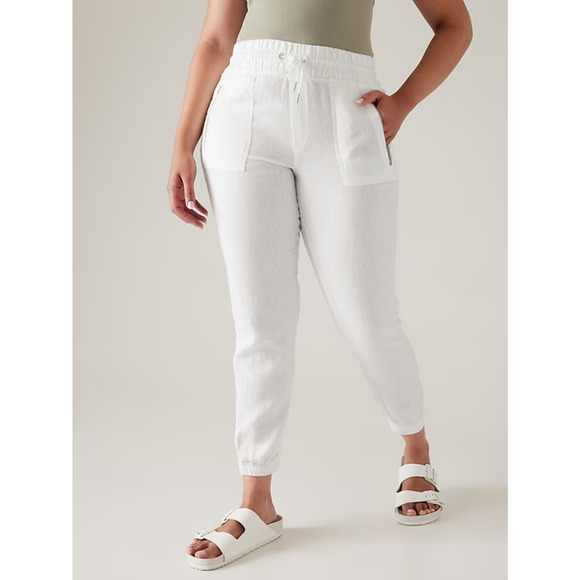 Athleta Pants - Athleta Cabo Linen Jogger Pants White Drawstring Zippered Pockets Womens Size 14